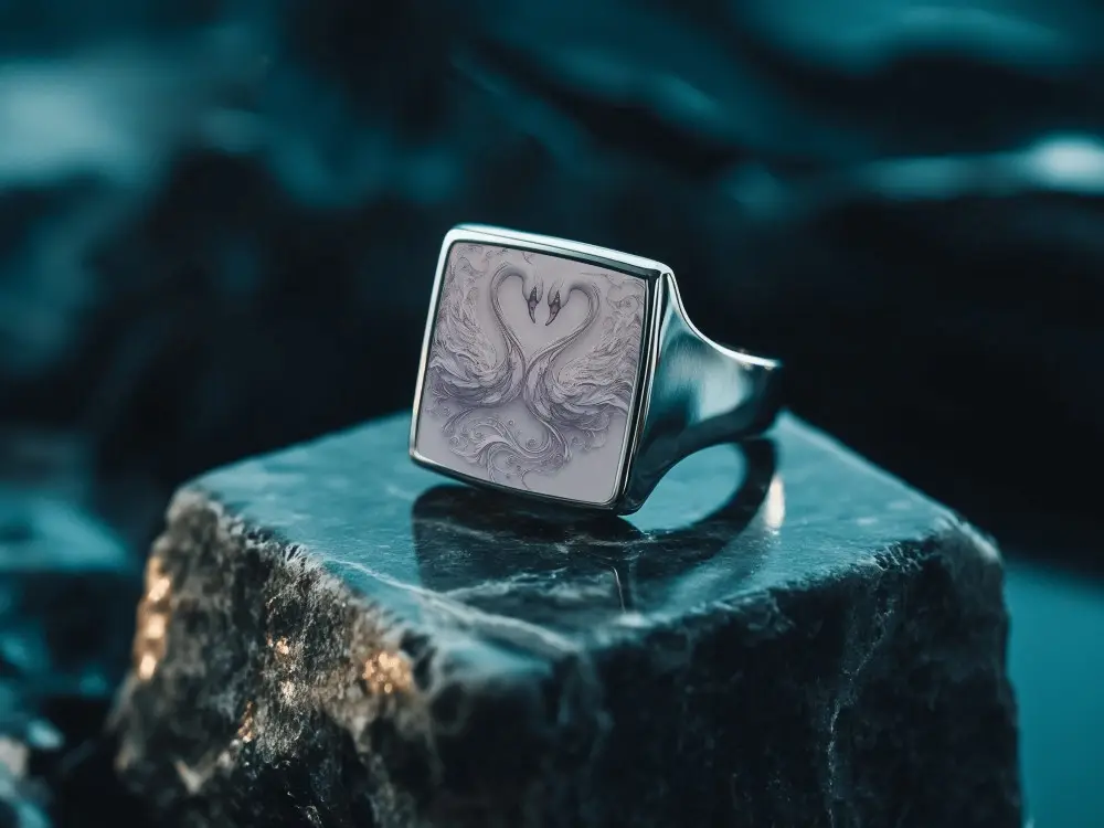 Square Top Ring Mockup On Dark Stone Base Luxury Lighting Reflection Detail Jewelry Display Scene