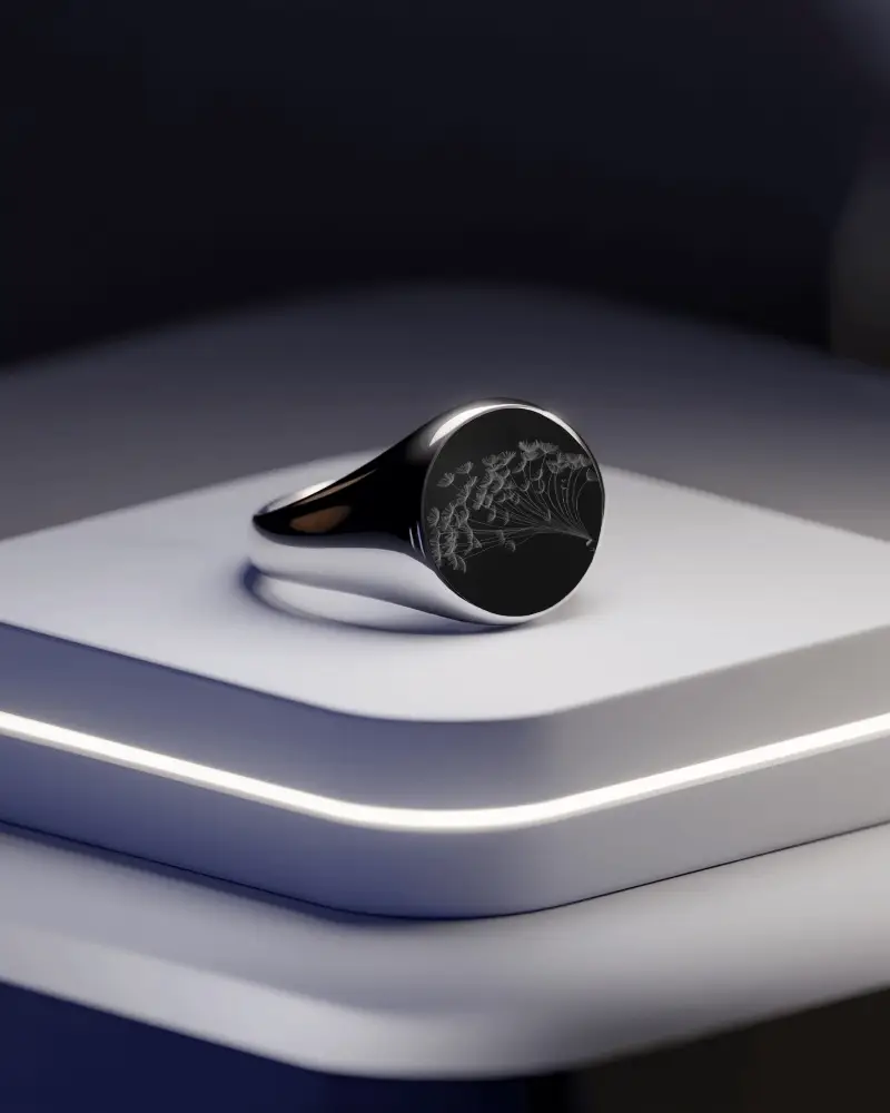 Black Metallic Ring Mockup On Geometric Podium Under Soft Spotlight With Etched Dandelion Detail