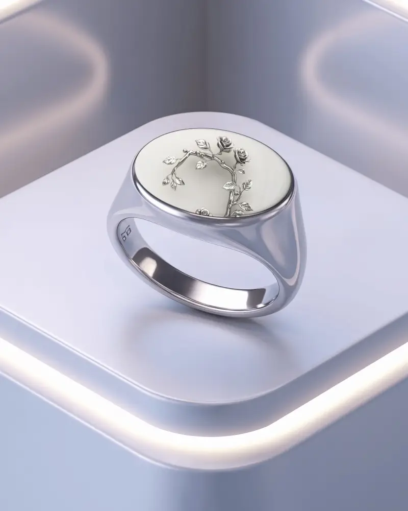 Silver Polished Ring Mockup On Illuminated Podium With Engraved And Soft Lighting