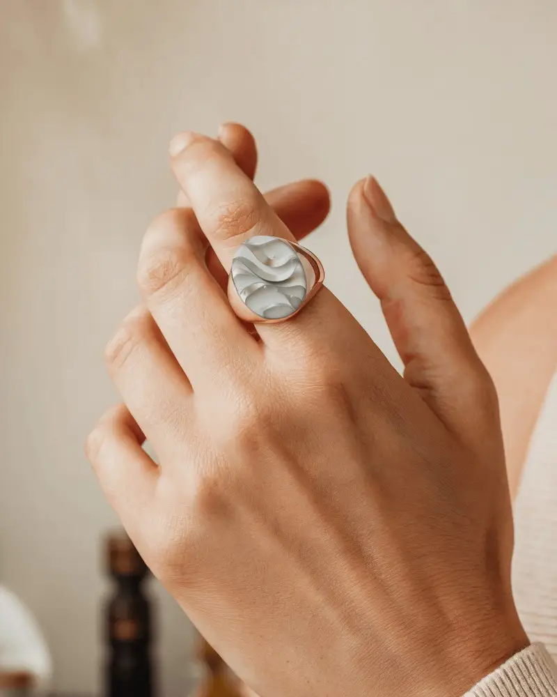Modern Ring Mockup On Hand Closeup Natural Lighting Soft Tones With Neutral Background Focus