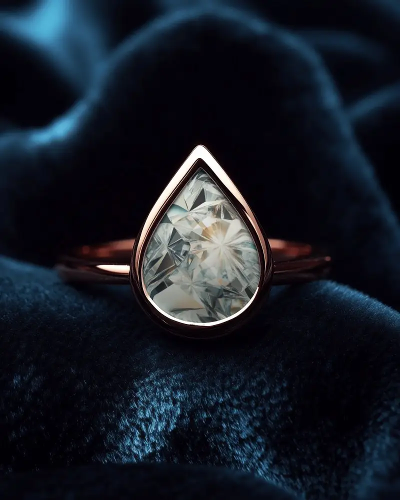 Luxury Ring Mockup Teardrop Cut Gemstone Set In Rose Gold Band On Dark Blue Velvet Background