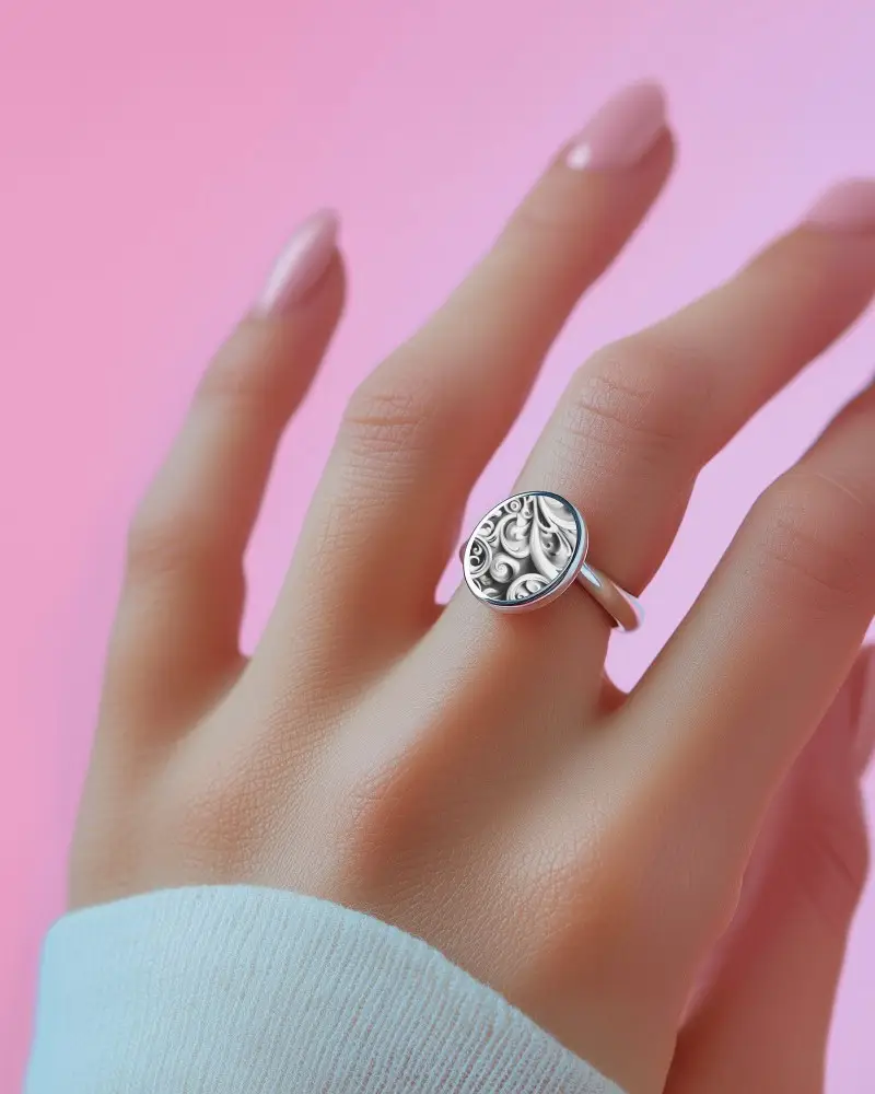 Silver Ring Mockup Female Hand On Pastel Pink Background Minimal Feminine Elegant Display Shot