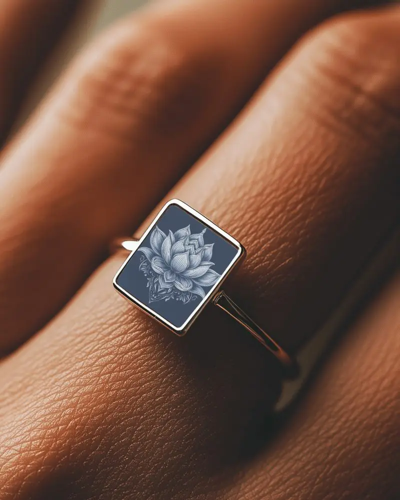 Square Ring Mockup Closeup On Hand With Deep Focus Satin Background In Soft Golden Lighting