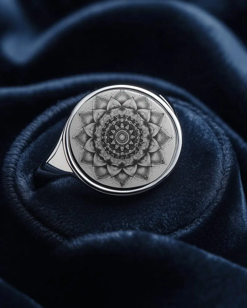 Silver Round Ring Mockup On Navy Velvet Surface With Luxury Closeup Detail And Dark Elegant Lighting