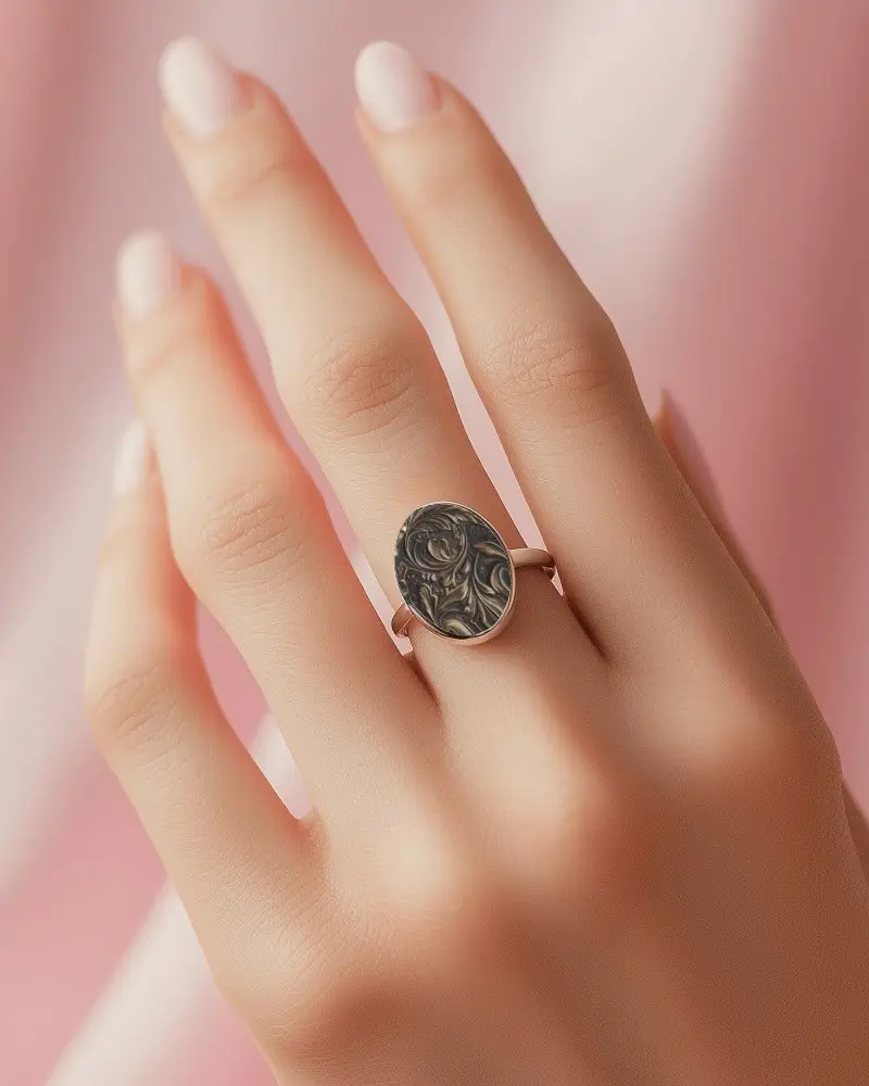 Oval Face Ring Mockup On Female Hand Soft Pink Background Elegant Closeup Golden Metal Minimal Look