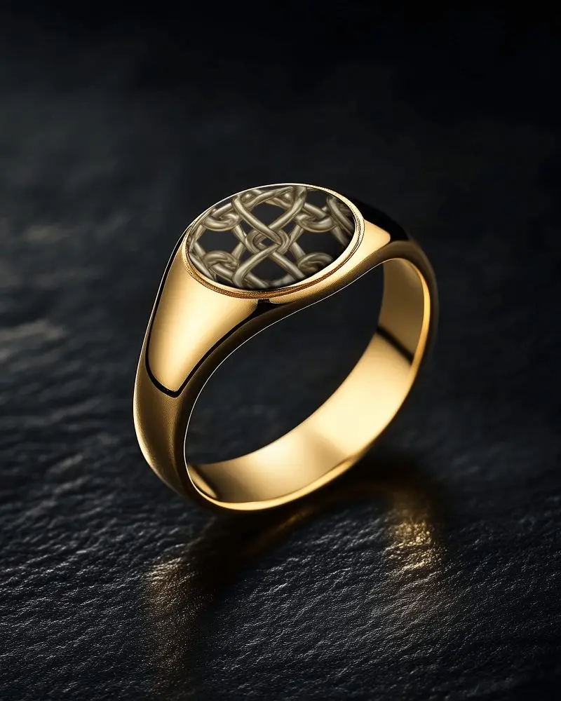 Gold Signet Ring Mockup On Black Leather Surface With Glossy Light Reflection Luxury Jewelry Focus