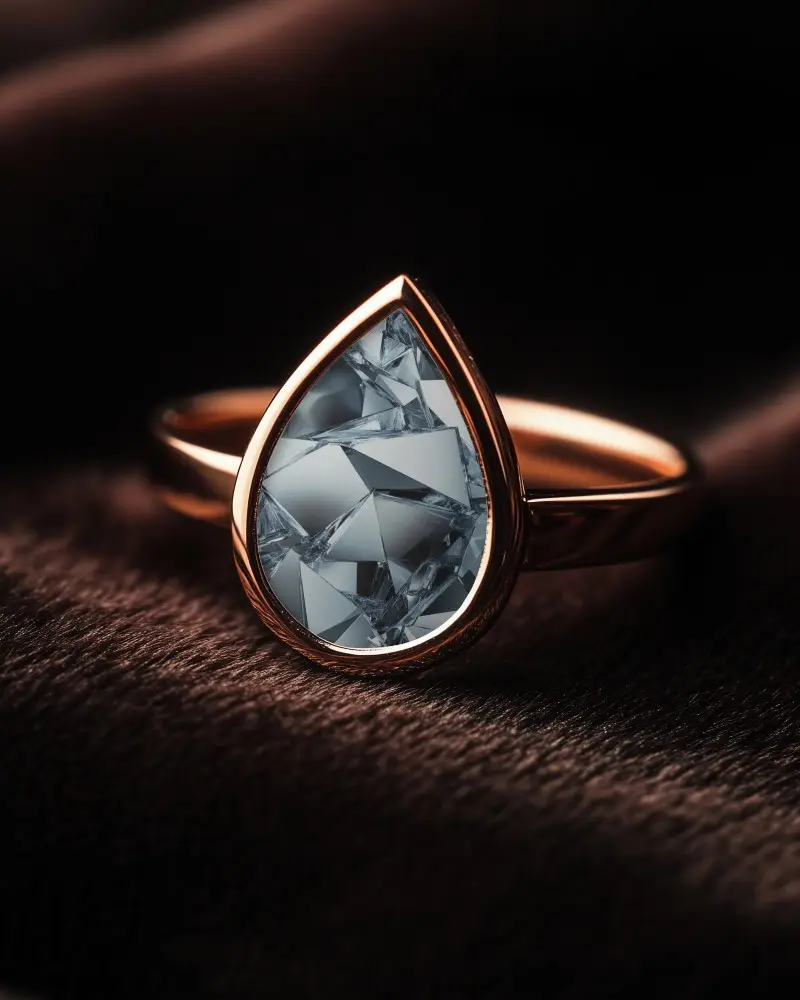 Teardrop Cut Ring Mockup Placed On Soft Brown Velvet Surface Closeup Of Golden Band And Clear Faceted