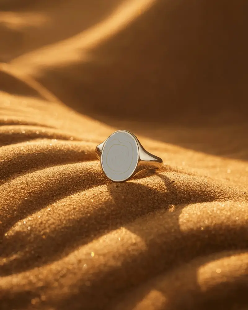 Elegant Minimalist Oval Ring Mockup On Textured Sand Background For Jewelry Brand Display