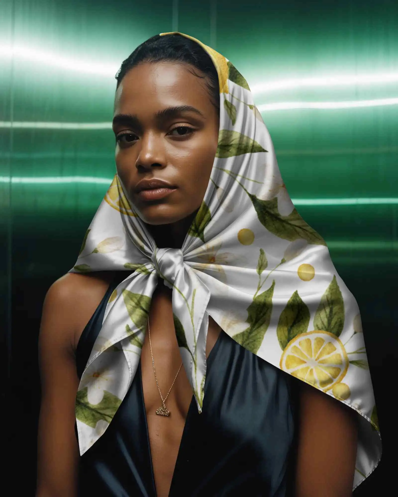 Glossy Fabric Scarf Mockup In Fashion Portrait Showcasing Versatile Accessory Use