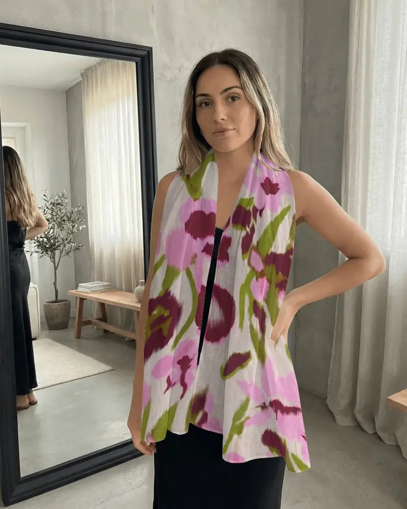 Lifestyle Scarf Mockup Female Model Standing By Mirror Soft Natural Light Interior