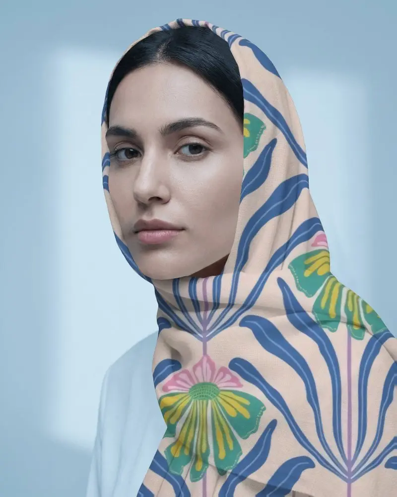 Portrait Headscarf Hijab Mockup Female Model Closeup Elegant Wrap Soft Light Background