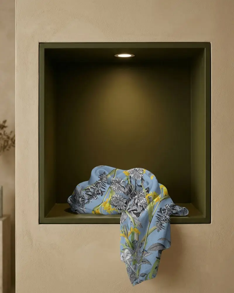 Recessed Display Scarf Mockup Folded Fabric In Wall Niche Soft Spotlight