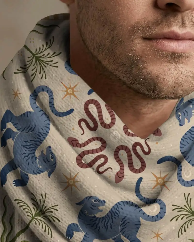 Closeup Texture Scarf Mockup Male Model Neck Detail Soft Knit Fabric Focus