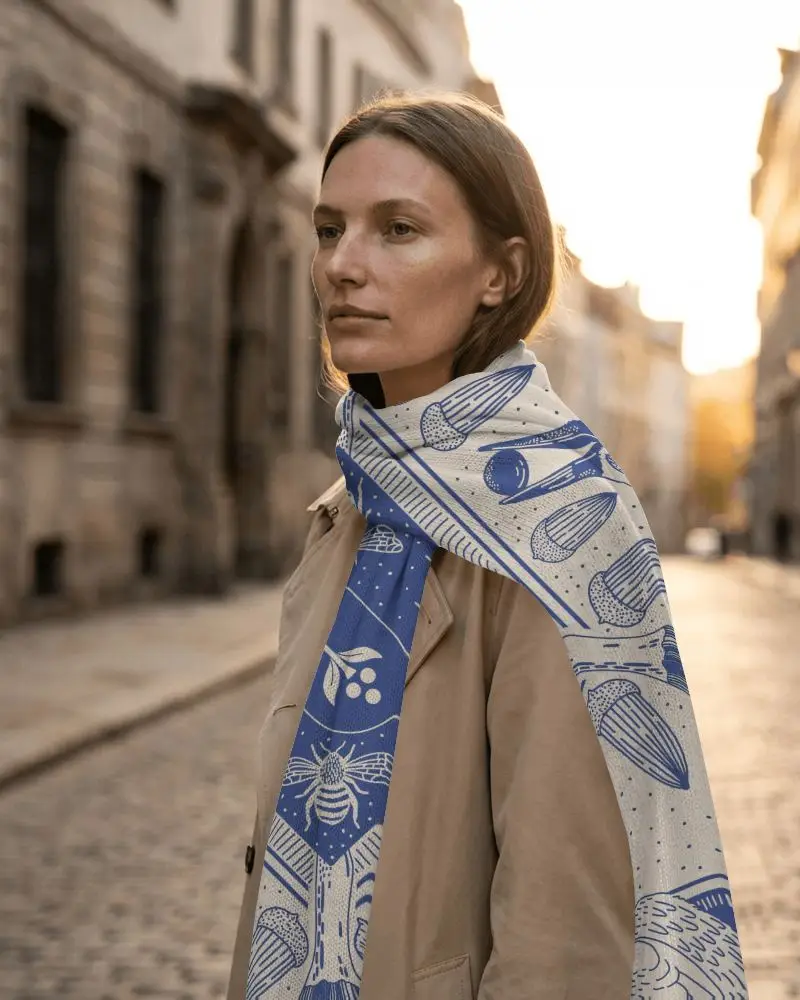 Street Lifestyle Scarf Mockup Female Model Standing On Cobblestone Road Sunset Light