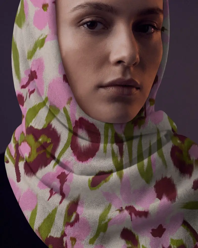 Closeup Headscarf Mockup Female Model Portrait Elegant Wrap Dark Gradient Background