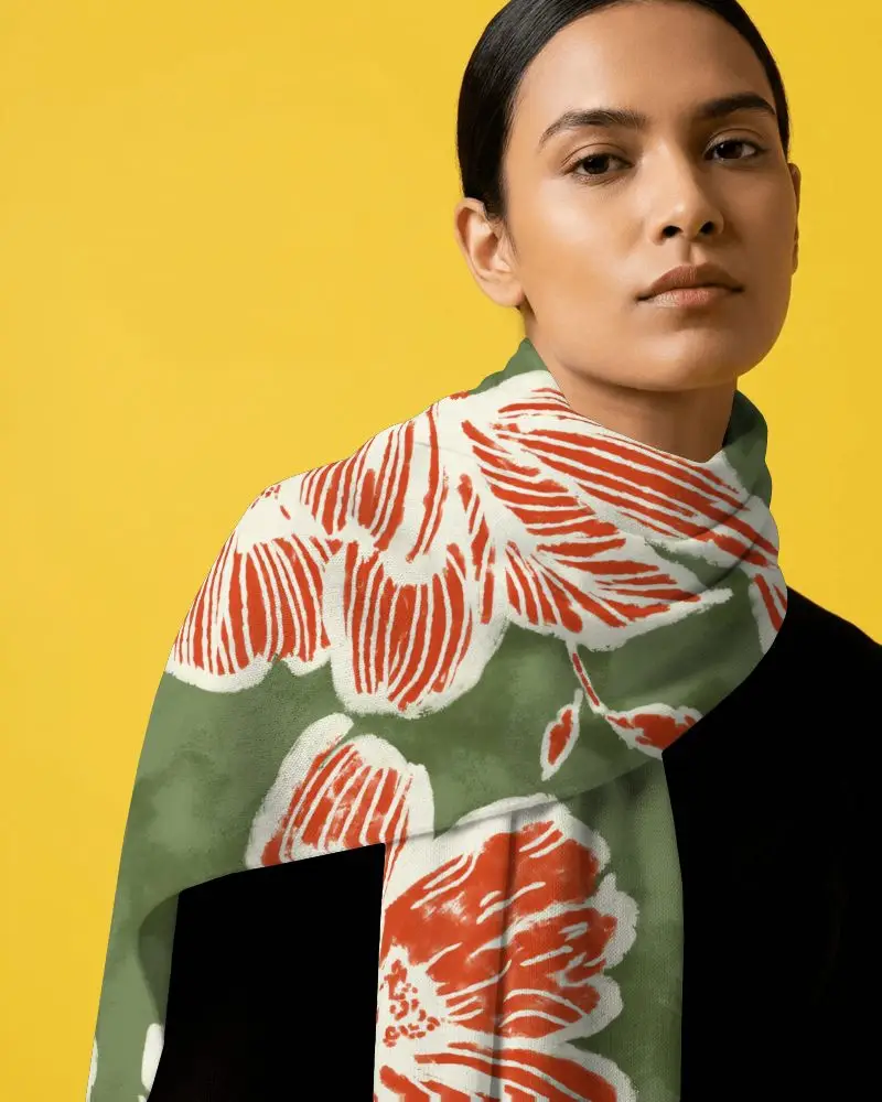 Studio Portrait Scarf Mockup Female Model Front View Bright Yellow Backdrop