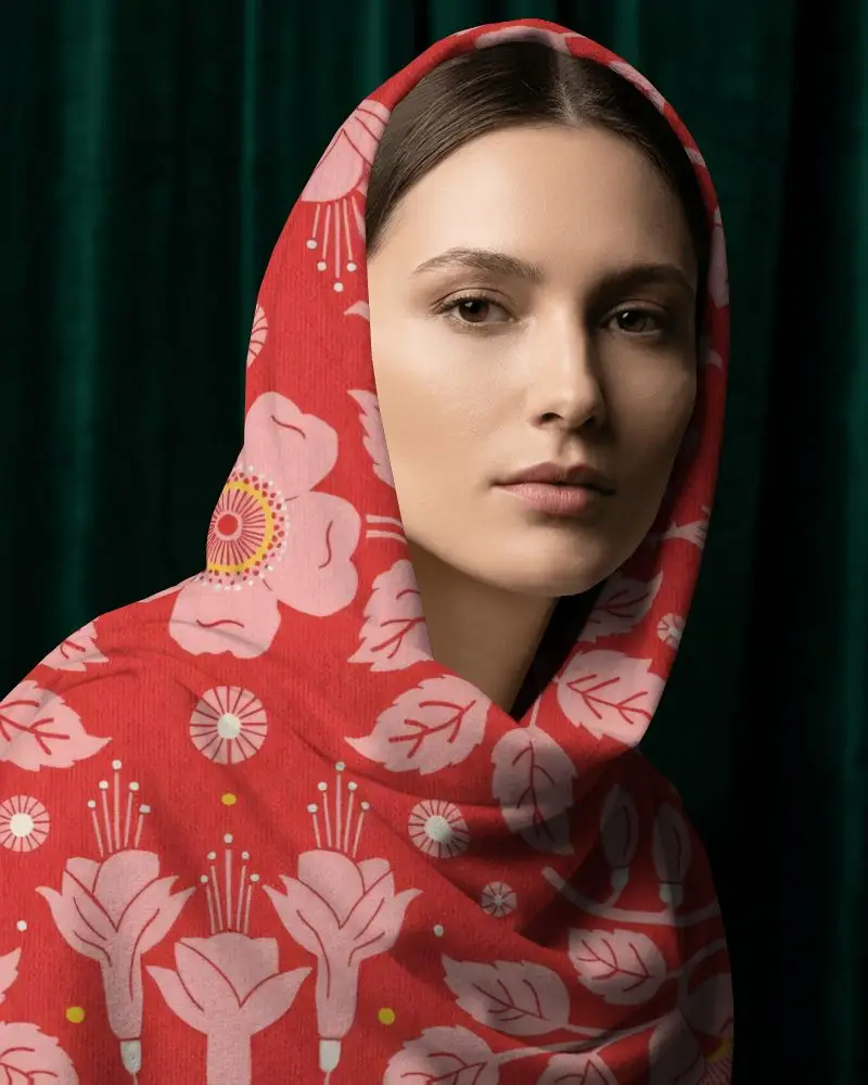 Portrait Head Scarf Mockup Female Model Elegant Wrap Dark Green Curtain Background