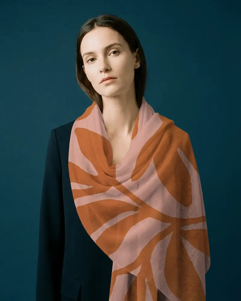 Portrait Scarf Mockup Female Model Elegant Drape Teal Background Clean Lighting