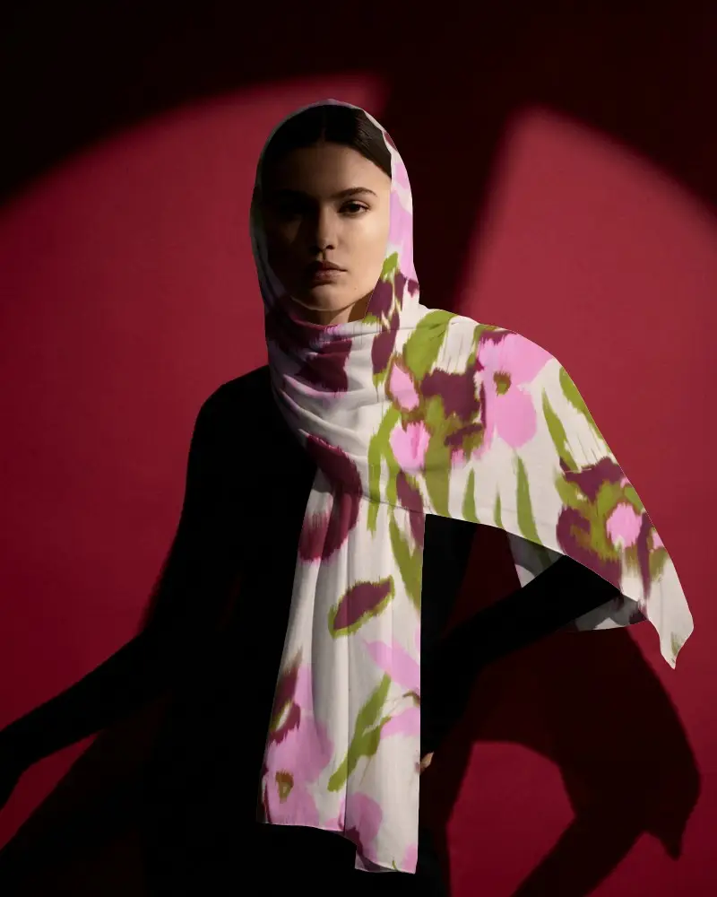 Cinematic Scarf Mockup Female Model Elegant Drape Bold Red Lighting Shadow Background