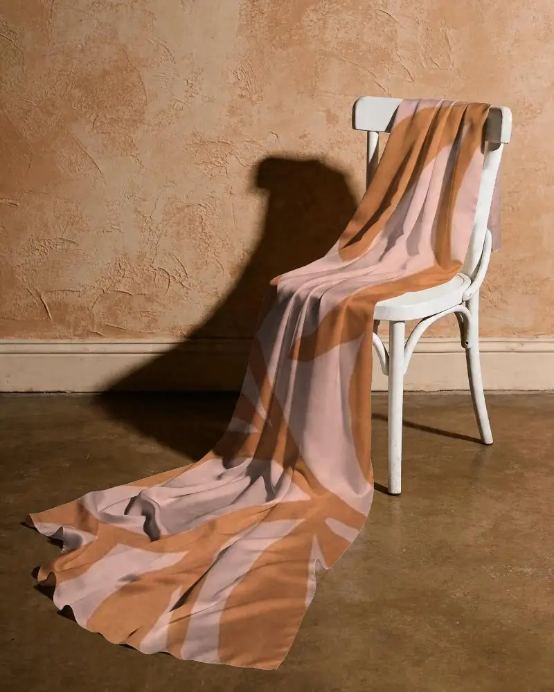 Silk Scarf Mockup Draped Over White Wooden Chair Luxury Soft Fabric Texture Display