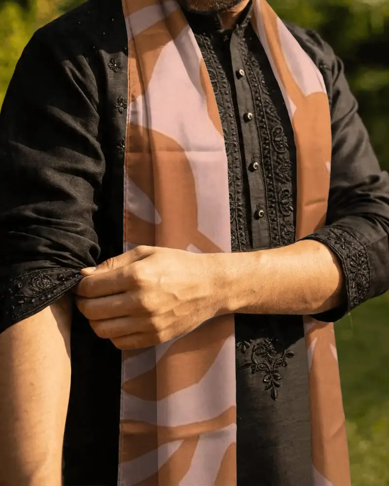 Men Traditional Embroidered Kurta With Elegant Fashionable Smooth Fabric Scarf Style
