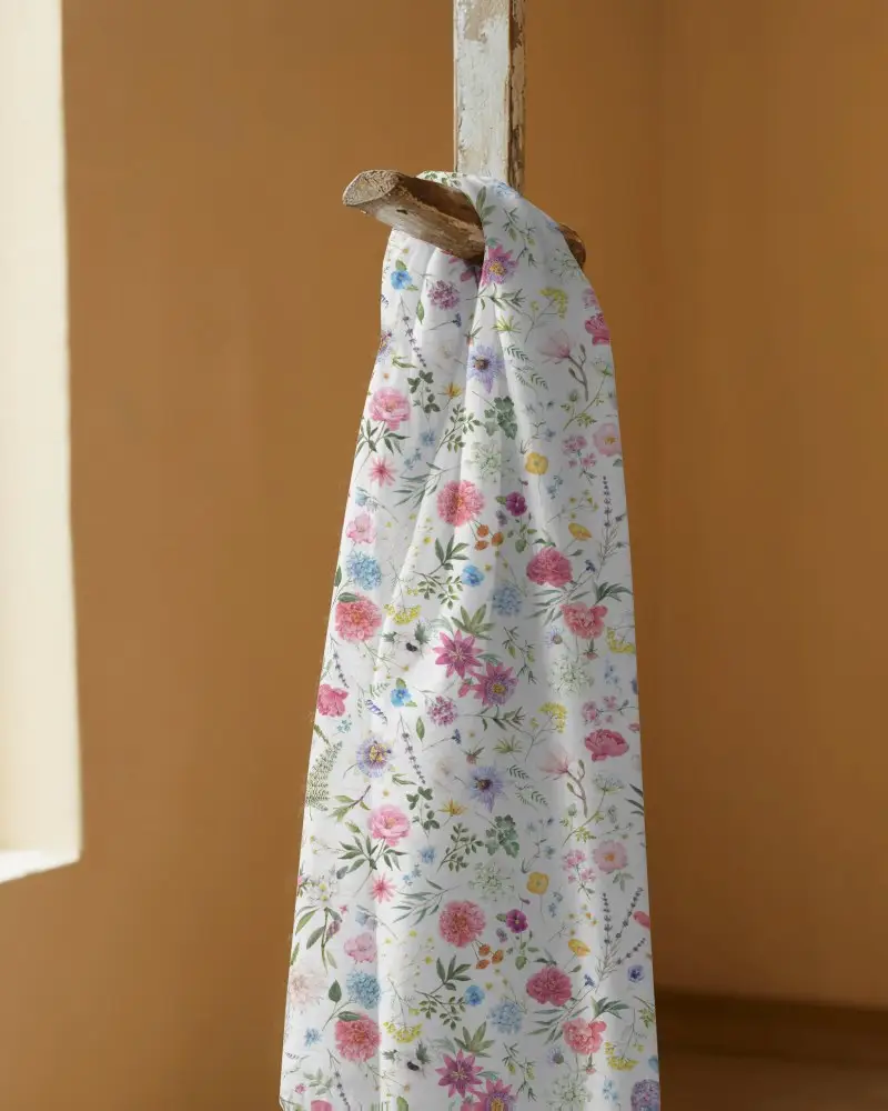 Cotton Scarf Mockup Hanging On Vintage Wooden Frame Against Muted Orange Wall Studio Light