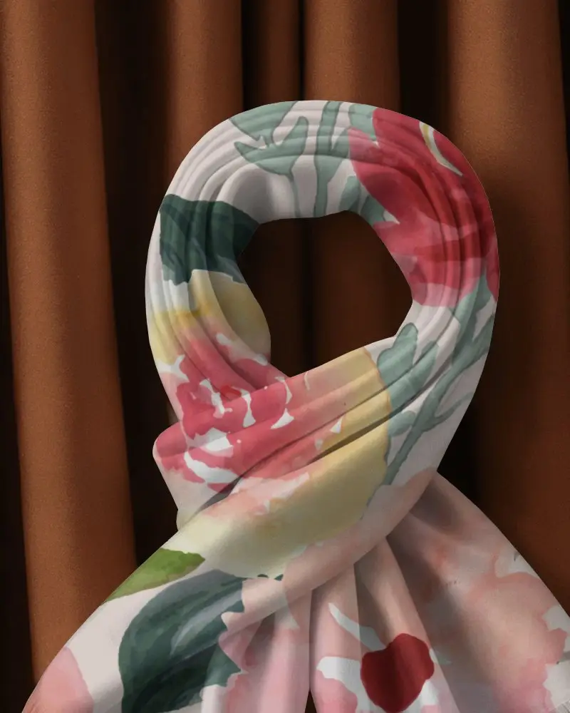 Elegant Fabric Scarf Mockup Folded In Loop Over Deep Brown Curtain Backdrop For Luxury Presentation