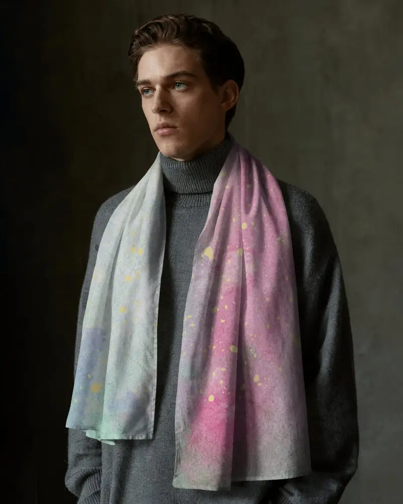 Editorial Menswear Scarf Mockup In Minimal Studio Setting With White Scarf And Serious Expression 048
