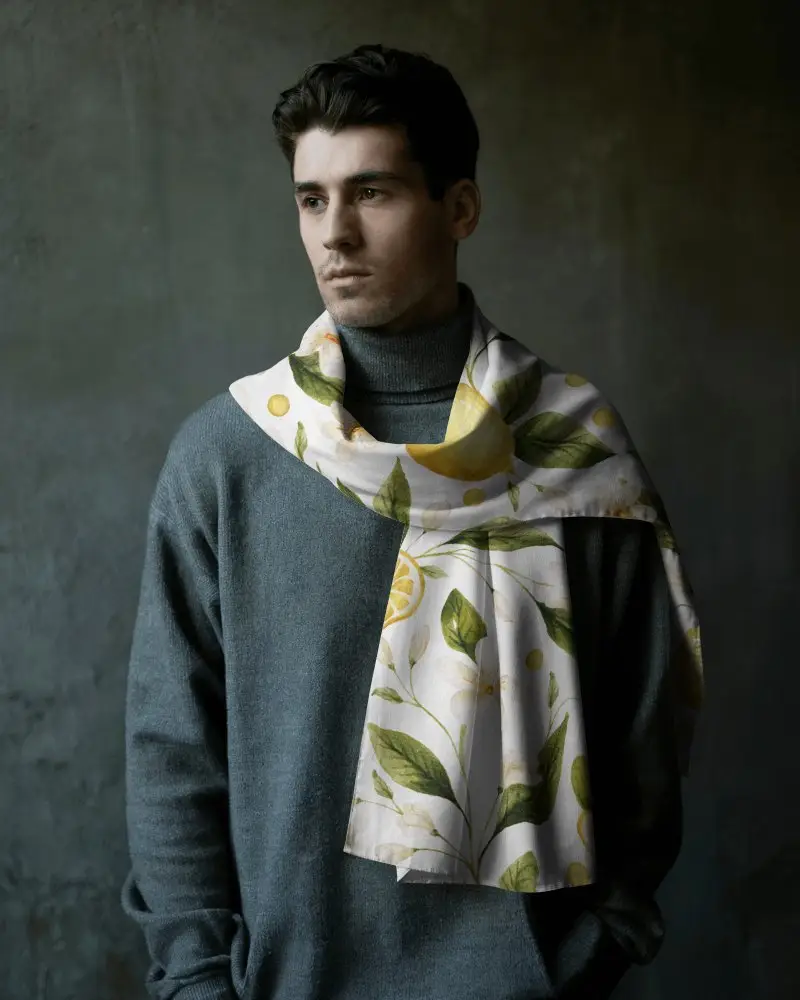 Cinematic Menswear Scarf Mockup On Model Gazing Away In Soft Light With Elegant Winter Styling 049