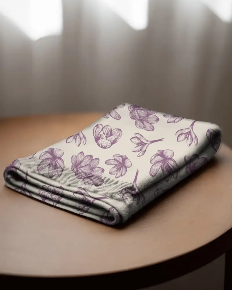 Cozy Morning Scarf Mockup With White Fringed Accessory Styled On Light Brown Furniture Surface 050