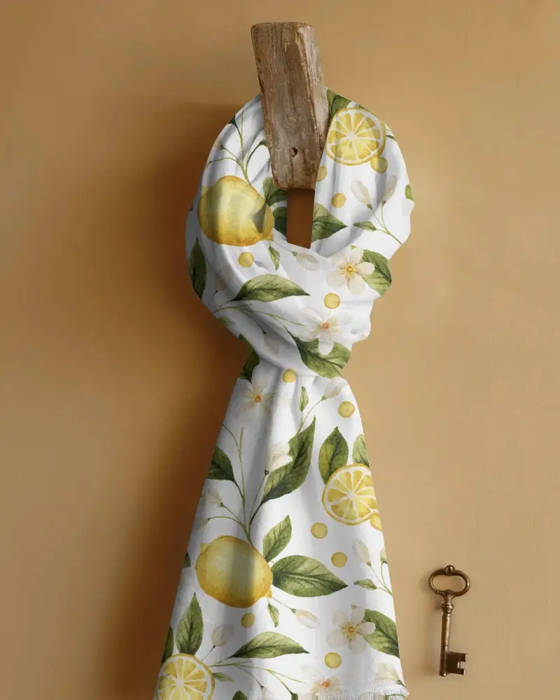 Rustic Wall Mounted Scarf Mockup Looped On Wooden Hook With Shadow Play And Vintage Metal Key Detail