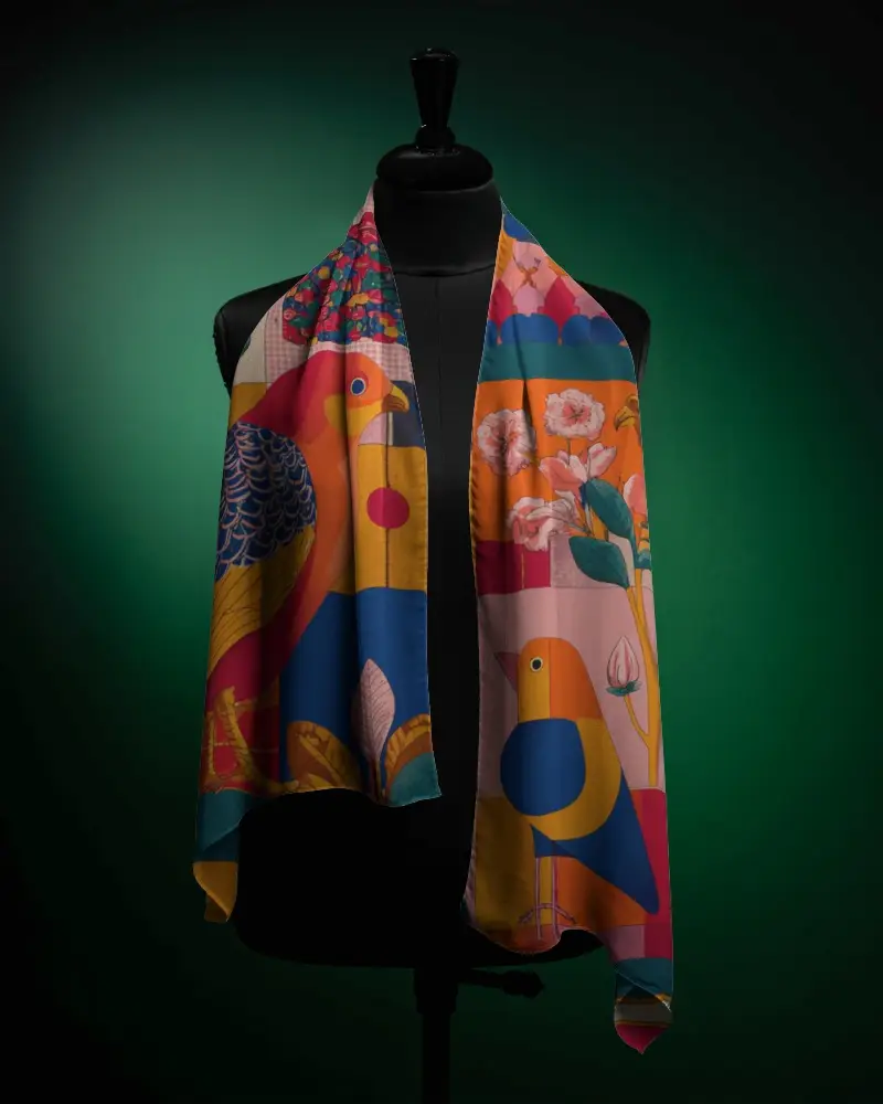 Elegant Scarf Mockup Draped On Mannequin With Deep Dark Green Gradient Background