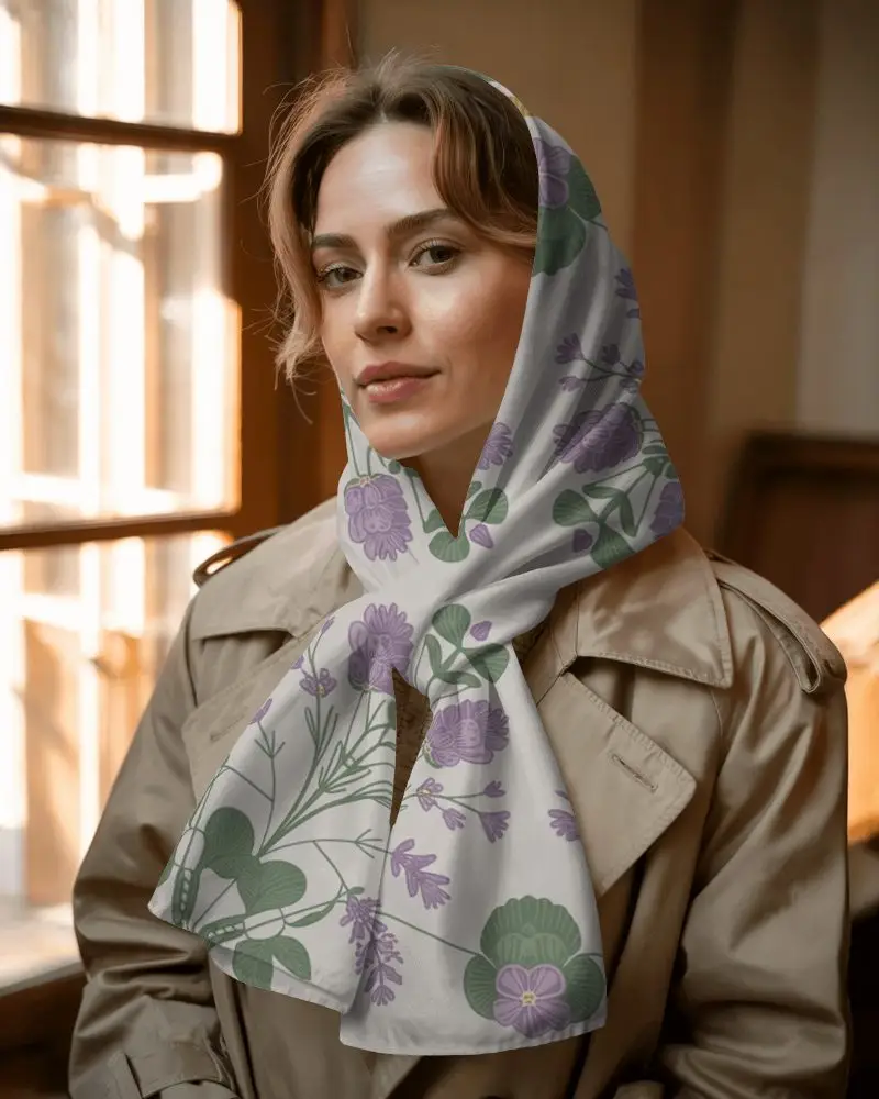 Premium Scarf Mockup Styled As Headscarf On Woman Model With Classic Trench Coat Look