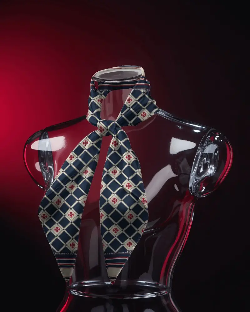 Elegant Scarf Mockup Knotted On Glass Mannequin With Dramatic Red And Black Studio Background