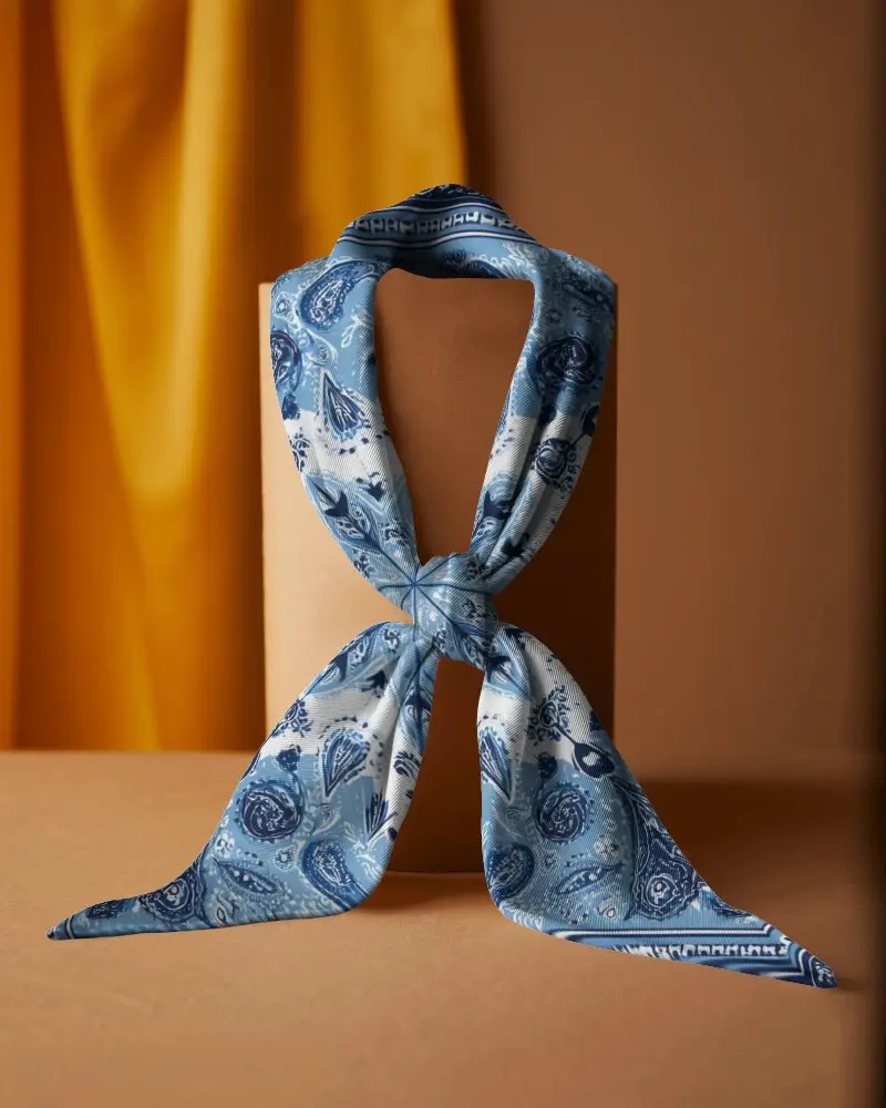 Elegant Scarf Mockup Knotted On Minimal Display Stand With Yellow Curtain Backdrop In Studio