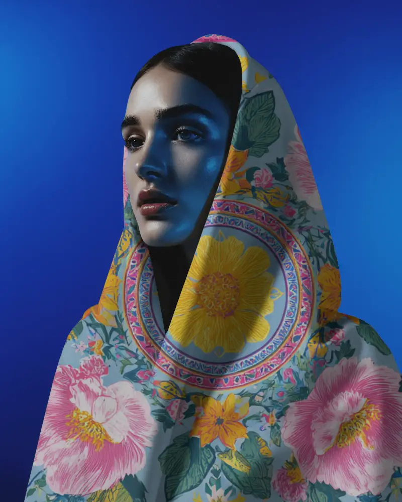 High Fashion Scarf Mockup Luxurious Texture Wrapped Around Portrait Studio Shoot