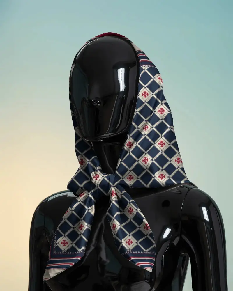 Stylish Soft Silk Fabric Feminine Satin Scarf Mockup On Mannequin For Elegant Showcase