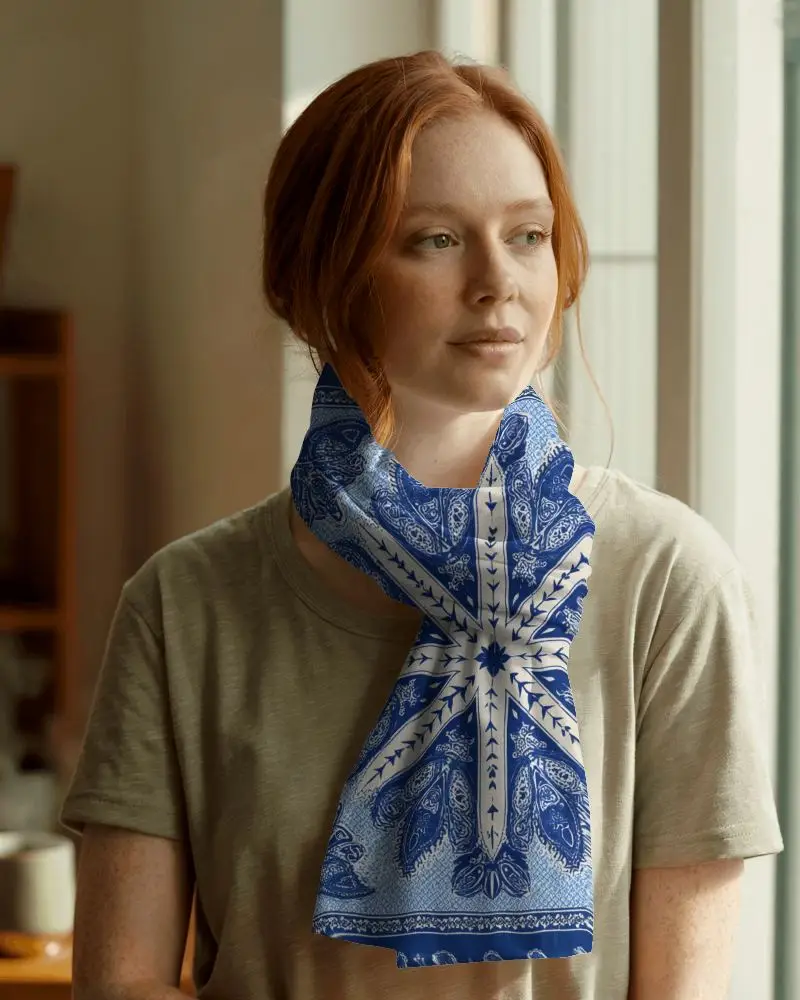 Elegant Scarf Mockup Stylish Woman In Casual Outfit With Scarf Tied Around Neck Soft Lighting