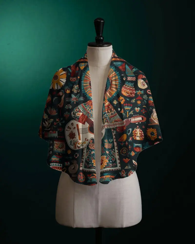 Elegant Scarf Mockup Draped Over Mannequin Shoulders Against Dark Green Studio Background