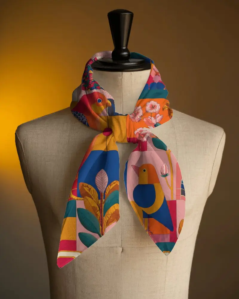 Elegant Scarf Mockup Tied Around Mannequin Neck In Studio Lighting With Warm Gradient Backdrop