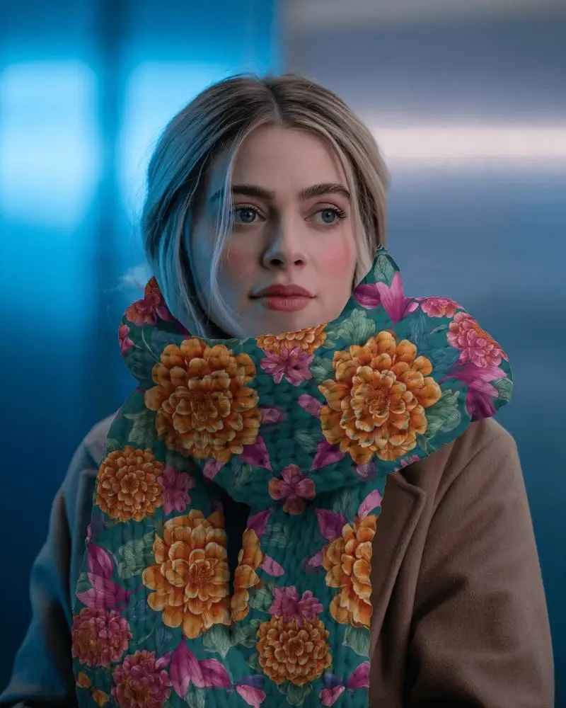 Stylish Scarf Mockup Woman In Warm Overcoat With Chunky Knit Accessory Against Blue Background