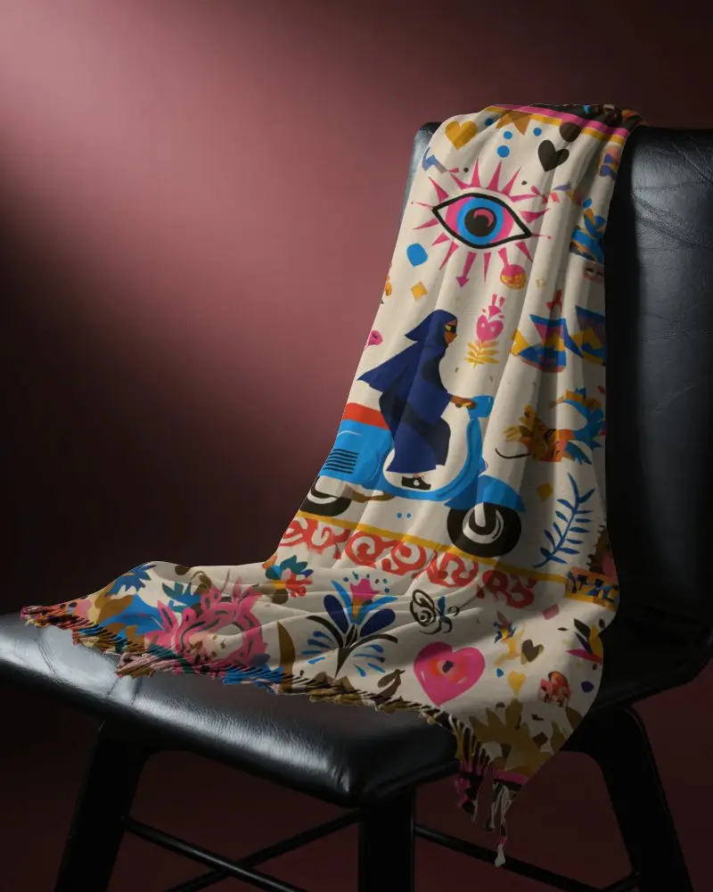 Elegant Scarf Mockup Draped On Chair With Deep Burgundy Gradient Background