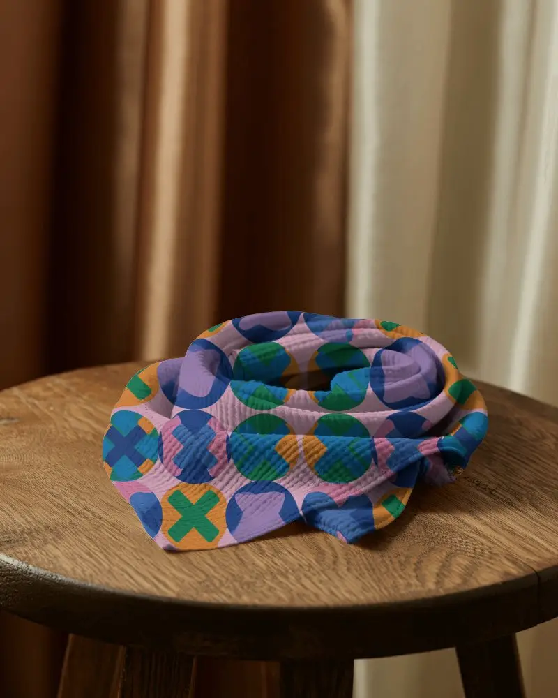 Elegant Scarf Mockup Folded Display On Wooden Stool With Curtain Background