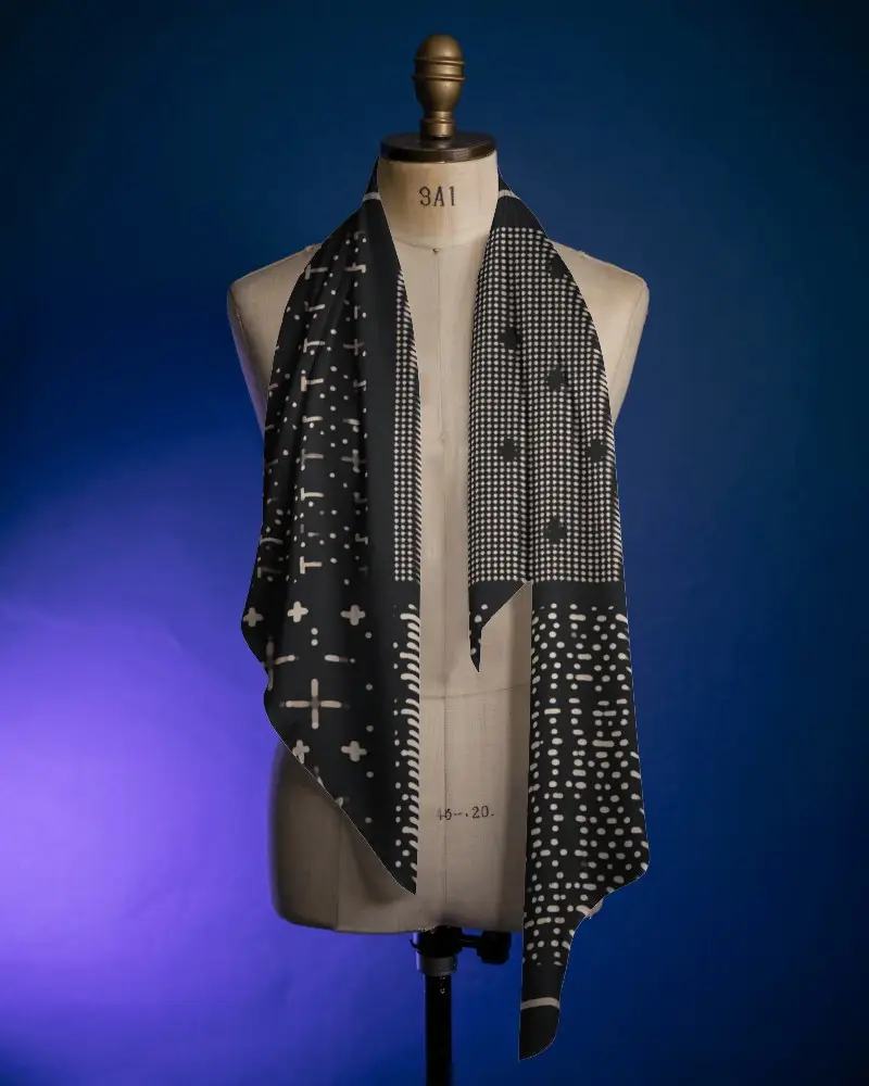 Elegant Scarf Mockup Draped On Mannequin Against Deep Blue And Purple Gradient