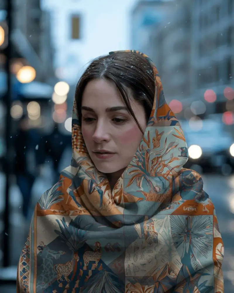 Premium Scarf Mockup Styled On Female Model With Snowfall In Urban Backdrop