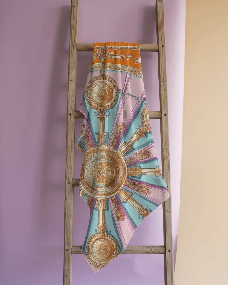 Premium Scarf Mockup Soft Fabric Hanging On Ladder Against Stylish Studio Backdrop