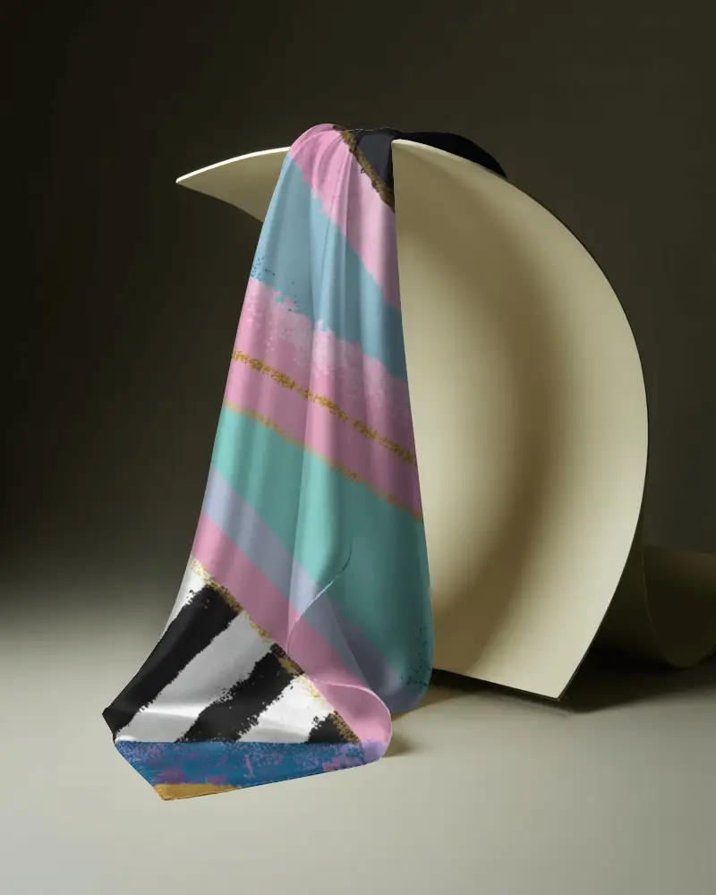 Premium Scarf Mockup Soft Fabric Hanging On Modern Abstract Stand Background