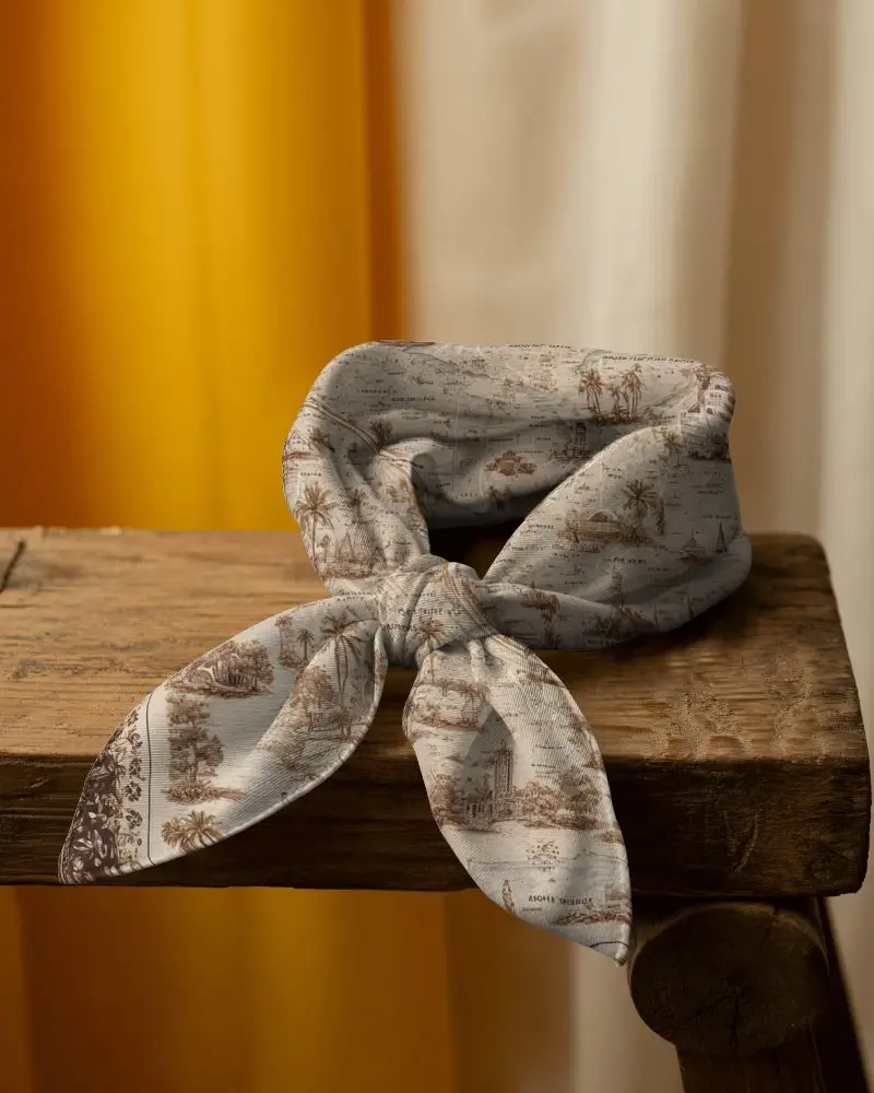 Elegant Scarf Mockup Tied Knot Display On Wooden Surface With Curtain Backdrop