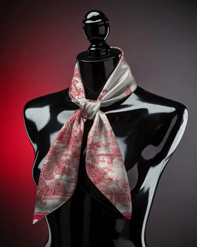 Elegant Silk Scarf Mockup Tied Display On Glossy Mannequin With Red Light Background
