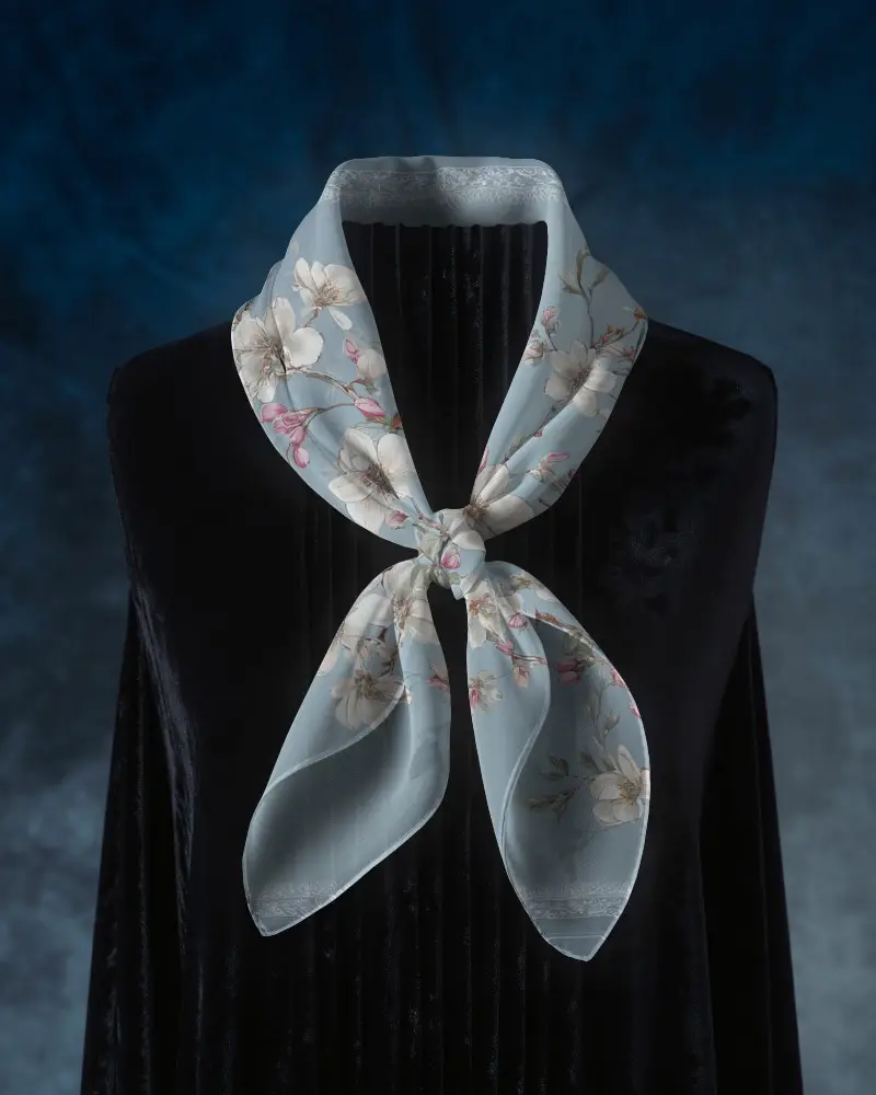 Elegant Scarf Mockup Knotted Display On Dark Mannequin With Blue Studio Background